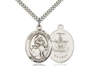 Sterling Silver St. Joan Of Arc / Army Pendant, SS Lite Curb Chain, Medium Size Catholic Medal, 3/4" x 1/2" Sterling Silver St. Joan Of Arc / Army Pendant, SS Lite Curb Chain, Medium Size Catholic Medal, 3/4" x 1/2"