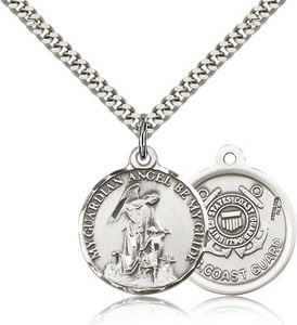 Sterling Silver Guardian Angel Coast Guard Pendant, Silver Heavy Curb Chain, 7/8" x 3/4"