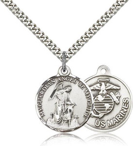 Sterling Silver Guardian Angel / Marines Pendant, Silver Heavy Curb Chain, 7/8" x 3/4" Sterling Silver Guardian Angel / Marines Pendant, Silver Heavy Curb Chain, 7/8" x 3/4"