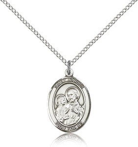 Sterling Silver St. Joseph Pendant, Lite Curb Chain, Medium Size Catholic Medal, 3/4" x 1/2" Sterling Silver St. Joseph Pendant, Lite Curb Chain, Medium Size Catholic Medal, 3/4" x 1/2"