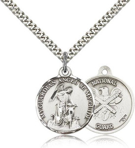 Sterling Silver Guardian Angel National Guard Pendant, Silver Heavy Curb Chain, 7/8" x 3/4" Sterling Silver Guardian Angel National Guard Pendant, Silver Heavy Curb Chain, 7/8" x 3/4"