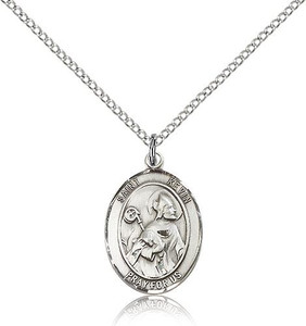Sterling Silver St. Kevin Pendant, Lite Curb Chain, Medium Size Catholic Medal, 3/4" x 1/2"