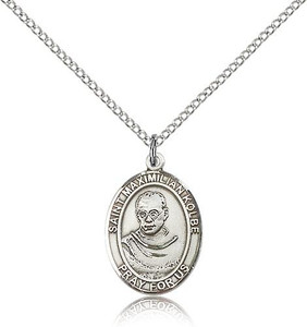 Sterling Silver St. Maximilian Kolbe Pendant, Lite Curb Chain, Medium Size Catholic Medal, 3/4" x 1/2" Sterling Silver St. Maximilian Kolbe Pendant, Lite Curb Chain, Medium Size Catholic Medal, 3/4" x 1/2"