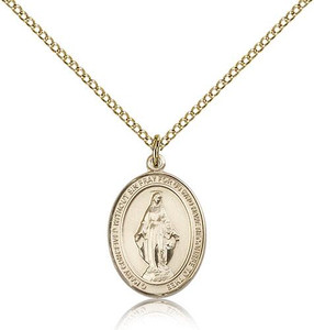 Gold Filled Miraculous Pendant, Gold Filled Lite Curb Chain, Medium Size Catholic Medal, 3/4" x 1/2" Gold Filled Miraculous Pendant, Gold Filled Lite Curb Chain, Medium Size Catholic Medal, 3/4" x 1/2"