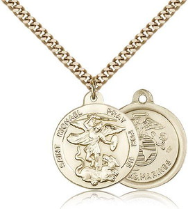 Gold Filled St. Michael the Archangel Marines Pendant, Gold Heavy Curb Chain, 7/8" x 3/4" Gold Filled St. Michael the Archangel Marines Pendant, Gold Heavy Curb Chain, 7/8" x 3/4"