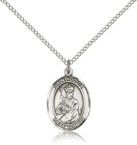 Sterling Silver St. Louis Pendant, Lite Curb Chain, Medium Size Catholic Medal, 3/4" x 1/2" Sterling Silver St. Louis Pendant, Lite Curb Chain, Medium Size Catholic Medal, 3/4" x 1/2"