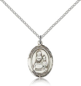 Sterling Silver Our Lady of Loretto Pendant, Lite Curb Chain, Medium Size Catholic Medal, 3/4" x 1/2" Sterling Silver Our Lady of Loretto Pendant, Lite Curb Chain, Medium Size Catholic Medal, 3/4" x 1/2"