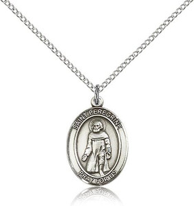 Sterling Silver St. Peregrine Laziosi Pendant, Lite Curb Chain, Medium Size Catholic Medal, 3/4" x 1/2" Sterling Silver St. Peregrine Laziosi Pendant, Lite Curb Chain, Medium Size Catholic Medal, 3/4" x 1/2"