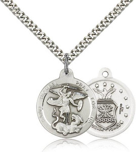Sterling Silver St. Michael the Archangel Air Force Pendant, Heavy Curb Chain, 7/8" x 3/4"