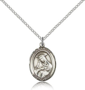 Sterling Silver St. Rose of Lima Pendant, Lite Curb Chain, Medium Size Catholic Medal, 3/4" x 1/2" Sterling Silver St. Rose of Lima Pendant, Lite Curb Chain, Medium Size Catholic Medal, 3/4" x 1/2"