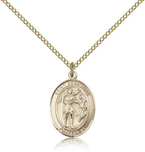 Gold Filled St. Sebastian Pendant, Gold Filled Lite Curb Chain, Medium Size Catholic Medal, 3/4" x 1/2" Gold Filled St. Sebastian Pendant, Gold Filled Lite Curb Chain, Medium Size Catholic Medal, 3/4" x 1/2"
