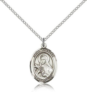 Sterling Silver St. Theresa Pendant, Lite Curb Chain, Medium Size Catholic Medal, 3/4" x 1/2"