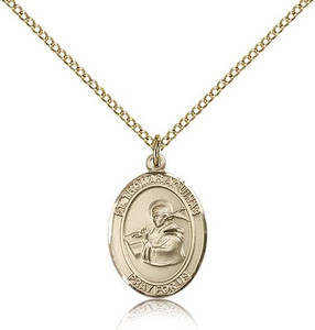 Gold Filled St. Thomas Aquinas Pendant, Gold Filled Lite Curb Chain, Medium Size Catholic Medal, 3/4" x 1/2" Gold Filled St. Thomas Aquinas Pendant, Gold Filled Lite Curb Chain, Medium Size Catholic Medal, 3/4" x 1/2"