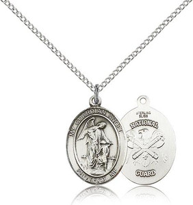 Sterling Silver Guardian Angel / Nat'L Guard Pendant, Sterling Silver Lite Curb Chain, Medium Size Catholic Medal, 3/4" x 1/2" Sterling Silver Guardian Angel / Nat'L Guard Pendant, Sterling Silver Lite Curb Chain, Medium Size Catholic Medal, 3/4" x 1/2"