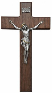 Walnut and Pewter 10"x5.5" Crucifix with Latin Cross, WP15 Walnut and Pewter 10"x5.5" Crucifix with Latin Cross, WP15