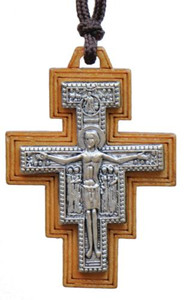 Necklace with 1.75" Wood San Damiano Crucifix, SN07 Necklace with 1.75" Wood San Damiano Crucifix, SN07