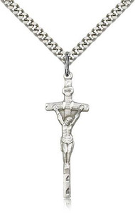 Sterling Silver Papal Crucifix Pendant, Stainless Silver Heavy Curb Chain, 1 3/8" x 1/2"