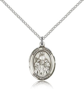 Sterling Silver St. Sophia Pendant, Lite Curb Chain, Medium Size Catholic Medal, 3/4" x 1/2"