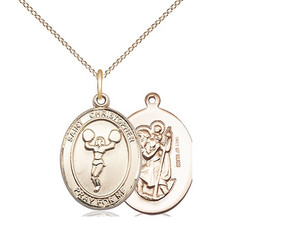 Gold Filled St. Christopher/Cheerleading Pendant, GF Lite Curb Chain, Medium Size Catholic Medal, 3/4" x 1/2"