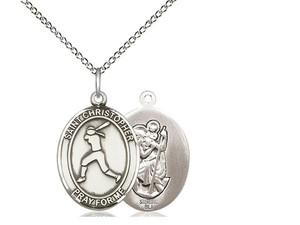 Sterling Silver St. Christopher/Softball Pendant, Lite Curb Chain, Medium Size Catholic Medal, 3/4" x 1/2" Sterling Silver St. Christopher/Softball Pendant, Lite Curb Chain, Medium Size Catholic Medal, 3/4" x 1/2"