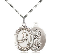 Sterling Silver St. Christopher/Track & Field Pend, Lite Curb Chain, Medium Size Catholic Medal, 3/4" x 1/2" Sterling Silver St. Christopher/Track & Field Pend, Lite Curb Chain, Medium Size Catholic Medal, 3/4" x 1/2"