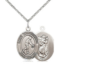 Sterling Silver St. Christopher/Basketball Pendant, Lite Curb Chain, Medium Size Catholic Medal, 3/4" x 1/2" Sterling Silver St. Christopher/Basketball Pendant, Lite Curb Chain, Medium Size Catholic Medal, 3/4" x 1/2"