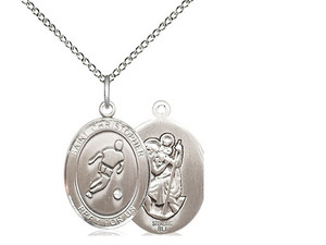 Sterling Silver St. Christopher/Soccer Pendant, Lite Curb Chain, Medium Size Catholic Medal, 3/4" x 1/2" Sterling Silver St. Christopher/Soccer Pendant, Lite Curb Chain, Medium Size Catholic Medal, 3/4" x 1/2"