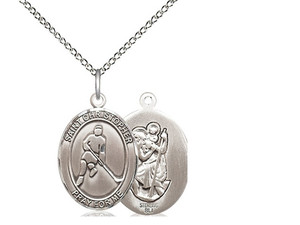 Sterling Silver St. Christopher/Ice Hockey Pendant, Lite Curb Chain, Medium Size Catholic Medal, 3/4" x 1/2" Sterling Silver St. Christopher/Ice Hockey Pendant, Lite Curb Chain, Medium Size Catholic Medal, 3/4" x 1/2"