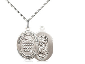 Sterling Silver St. Christopher/Swimming Pendant, Lite Curb Chain, Medium Size Catholic Medal, 3/4" x 1/2" Sterling Silver St. Christopher/Swimming Pendant, Lite Curb Chain, Medium Size Catholic Medal, 3/4" x 1/2"