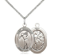 Sterling Silver St. Sebastian/Golf Pendant, Lite Curb Chain, Medium Size Catholic Medal, 3/4" x 1/2" Sterling Silver St. Sebastian/Golf Pendant, Lite Curb Chain, Medium Size Catholic Medal, 3/4" x 1/2"