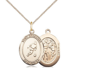 Gold Filled St. Sebastian/Soccer Pendant, Lite Curb Chain, Medium Size Catholic Medal, 3/4" x 1/2" Gold Filled St. Sebastian/Soccer Pendant, Lite Curb Chain, Medium Size Catholic Medal, 3/4" x 1/2"