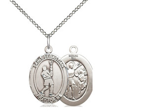 Sterling Silver St. Sebastian/Lacrosse Pendant, Lite Curb Chain, Medium Size Catholic Medal, 3/4" x 1/2"