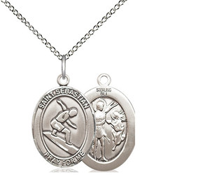 Sterling Silver St. Sebastian/Surfing Pendant, Lite Curb Chain, Medium Size Catholic Medal, 3/4" x 1/2" Sterling Silver St. Sebastian/Surfing Pendant, Lite Curb Chain, Medium Size Catholic Medal, 3/4" x 1/2"