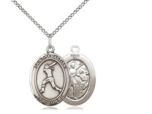Sterling Silver St. Sebastian Softball Pendant, Lite Curb Chain, Medium Size Catholic Medal, 3/4" x 1/2" Sterling Silver St. Sebastian Softball Pendant, Lite Curb Chain, Medium Size Catholic Medal, 3/4" x 1/2"