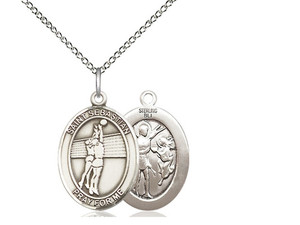 Sterling Silver St. Sebastian  Volleyball Pendant, Lite Curb Chain, Medium Size Catholic Medal, 3/4" x 1/2"