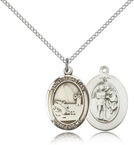 Sterling Silver St. Sebastian / Fishing Pendant, lite Curb Chain, Medium Size Catholic Medal, 3/4" x 1/2"