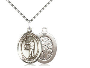 Sterling Silver St. Sebastian Archery Pendant, Lite Curb Chain, Medium Size Catholic Medal, 3/4" x 1/2" Sterling Silver St. Sebastian Archery Pendant, Lite Curb Chain, Medium Size Catholic Medal, 3/4" x 1/2"