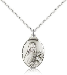 Sterling Silver St. Theresa Pendant, Lite Curb Chain, 7/8" x 1/2" Sterling Silver St. Theresa Pendant, Lite Curb Chain, 7/8" x 1/2"