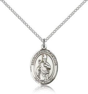 Sterling Silver St. Augustine of Hippo Pendant, Lite Curb Chain, Medium Size Catholic Medal, 3/4" x 1/2"