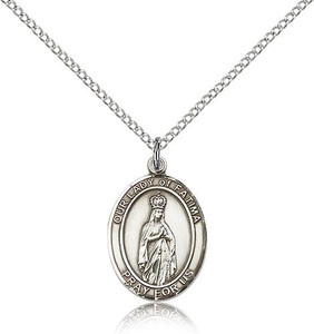 Sterling Silver Our Lady of Fatima Pendant, Lite Curb Chain, Medium Size Catholic Medal, 3/4" x 1/2"