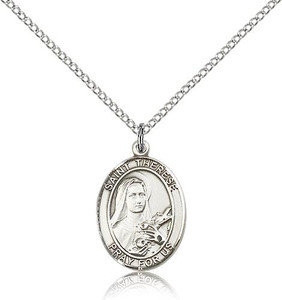 Sterling Silver St. Therese of Lisieux Pendant, Lite Curb Chain, Medium Size Catholic Medal, 3/4" x 1/2"
