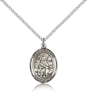 Sterling Silver St. Germaine Cousin Pendant, Lite Curb Chain, Medium Size Catholic Medal, 3/4" x 1/2"