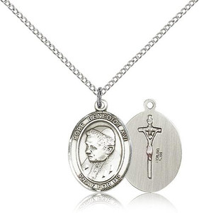 Sterling Silver Pope Benedict XVI Pendant, Lite Curb Chain, Medium Size Catholic Medal, 3/4" x 1/2" Sterling Silver Pope Benedict XVI Pendant, Lite Curb Chain, Medium Size Catholic Medal, 3/4" x 1/2"