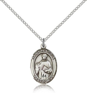Sterling Silver St. Placidus Pendant, Lite Curb Chain, Medium Size Catholic Medal, 3/4" x 1/2"