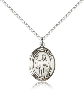 Sterling Silver St. Maurus Pendant, Lite Curb Chain, Medium Size Catholic Medal, 3/4" x 1/2" Sterling Silver St. Maurus Pendant, Lite Curb Chain, Medium Size Catholic Medal, 3/4" x 1/2"