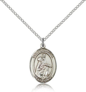 Sterling Silver St. Isabella of Portugal Pendant, Lite Curb Chain, Medium Size Catholic Medal, 3/4" x 1/2"