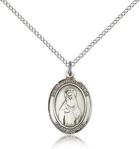 Sterling Silver St. Hildegard Von Bingen Pendant, Lite Curb Chain, Medium Size Catholic Medal, 3/4" x 1/2"