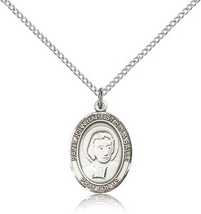 Sterling Silver St. John Baptist de La Salle Penda, Lite Curb Chain, Medium Size Catholic Medal, 3/4" x 1/2" Sterling Silver St. John Baptist de La Salle Penda, Lite Curb Chain, Medium Size Catholic Medal, 3/4" x 1/2"