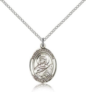 Sterling Silver St. Perpetua Pendant, Lite Curb Chain, Medium Size Catholic Medal, 3/4" x 1/2"