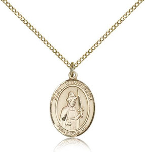 Gold Filled St. Wenceslaus Pendant, Gold Filled Lite Curb Chain, Medium Size Catholic Medal, 3/4" x 1/2" Gold Filled St. Wenceslaus Pendant, Gold Filled Lite Curb Chain, Medium Size Catholic Medal, 3/4" x 1/2"